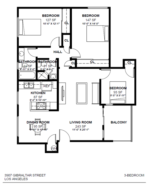 Floor plan for 3 beds, 2 baths